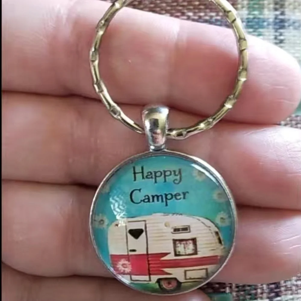 Happy Camper Keyring Fob Round Pendant Keepsake Gift Charm and Black Gift Pouch